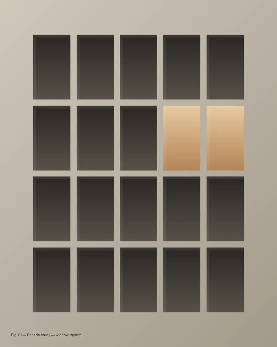Facade study from the Halden project: a grid of dark windows with two lit in warm oak.