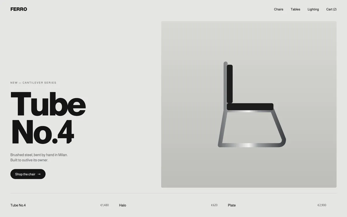 Ferro homepage featuring the Tube No.4 chair.