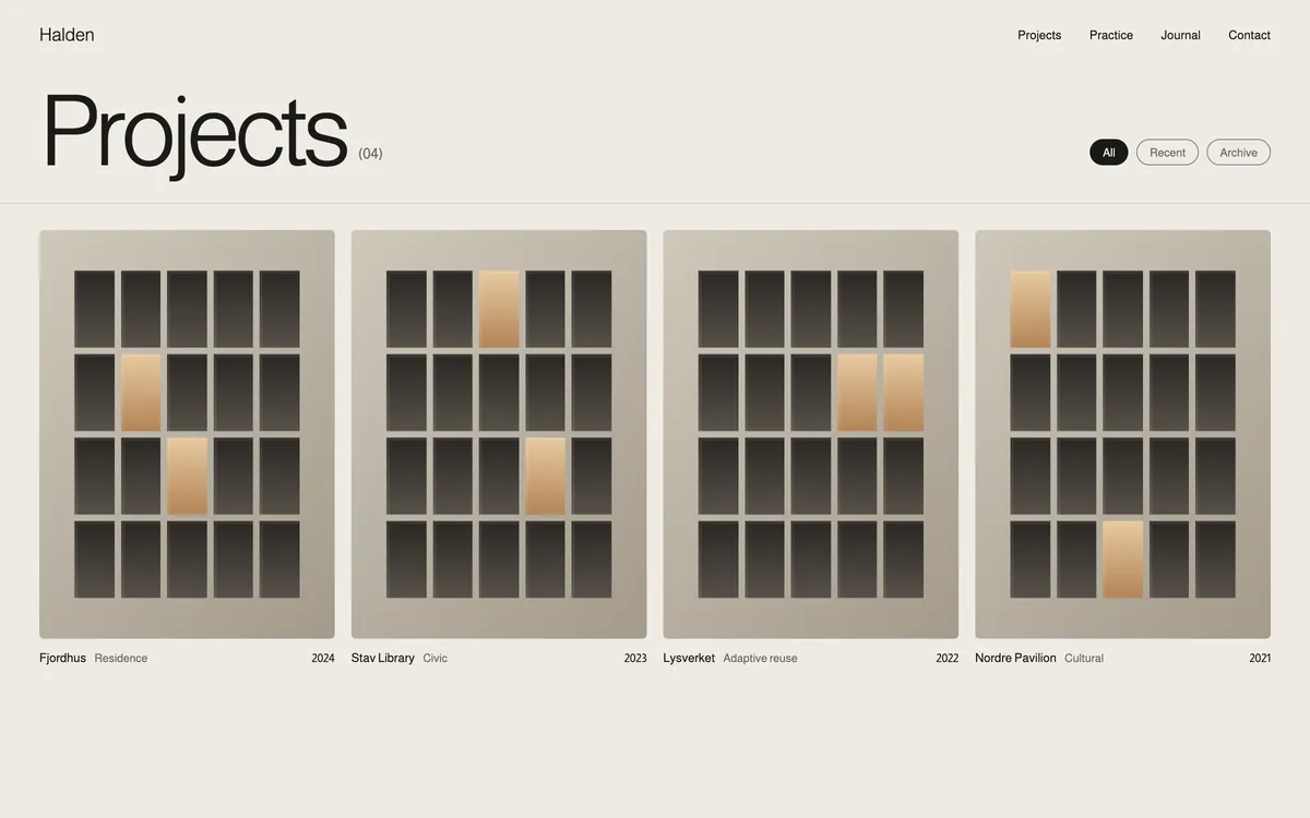 Halden project index page showing four projects as facade studies.