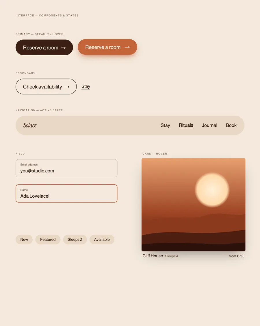 Solace interface components: buttons, navigation, fields and a room card in hover state.
