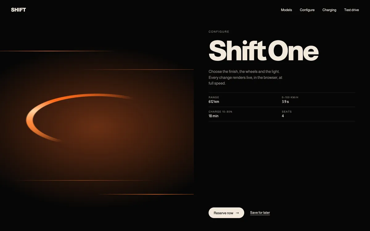 Shift One configurator page with specifications.