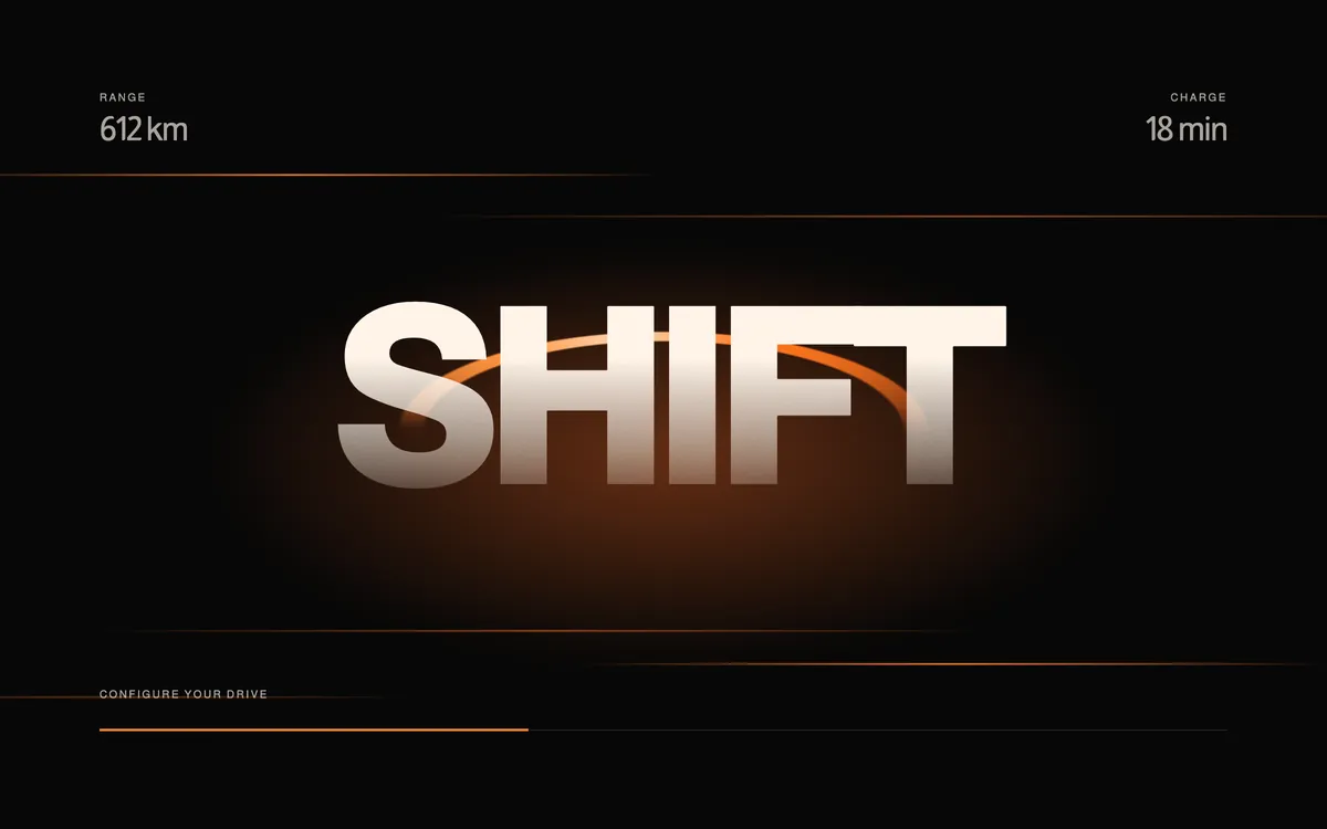Shift launch experience: the word SHIFT glowing above an ember-orange light ring.