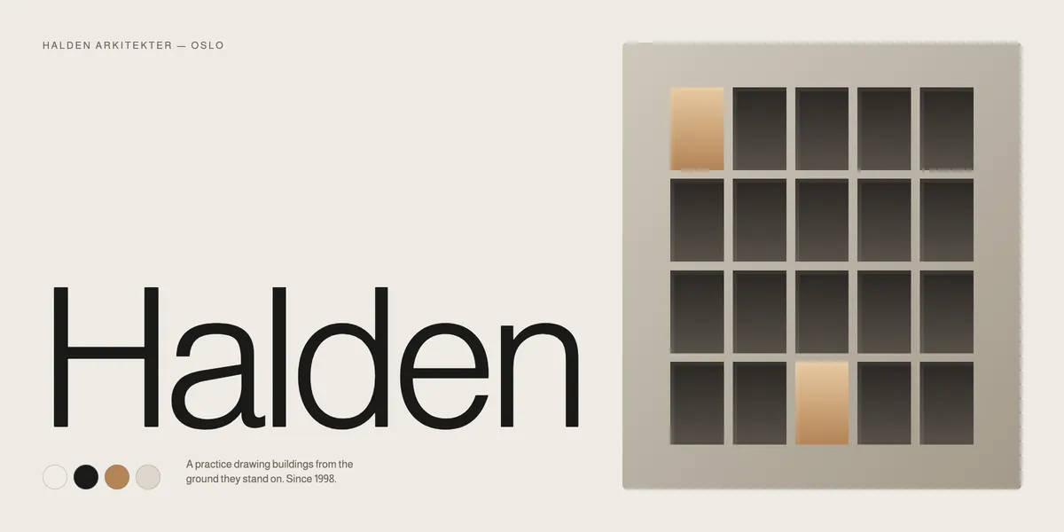 Halden brand composition: a large light wordmark beside a stone facade grid with two warm oak windows.