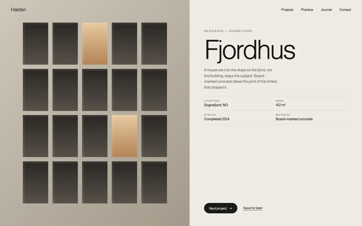 Fjordhus project page with specifications.
