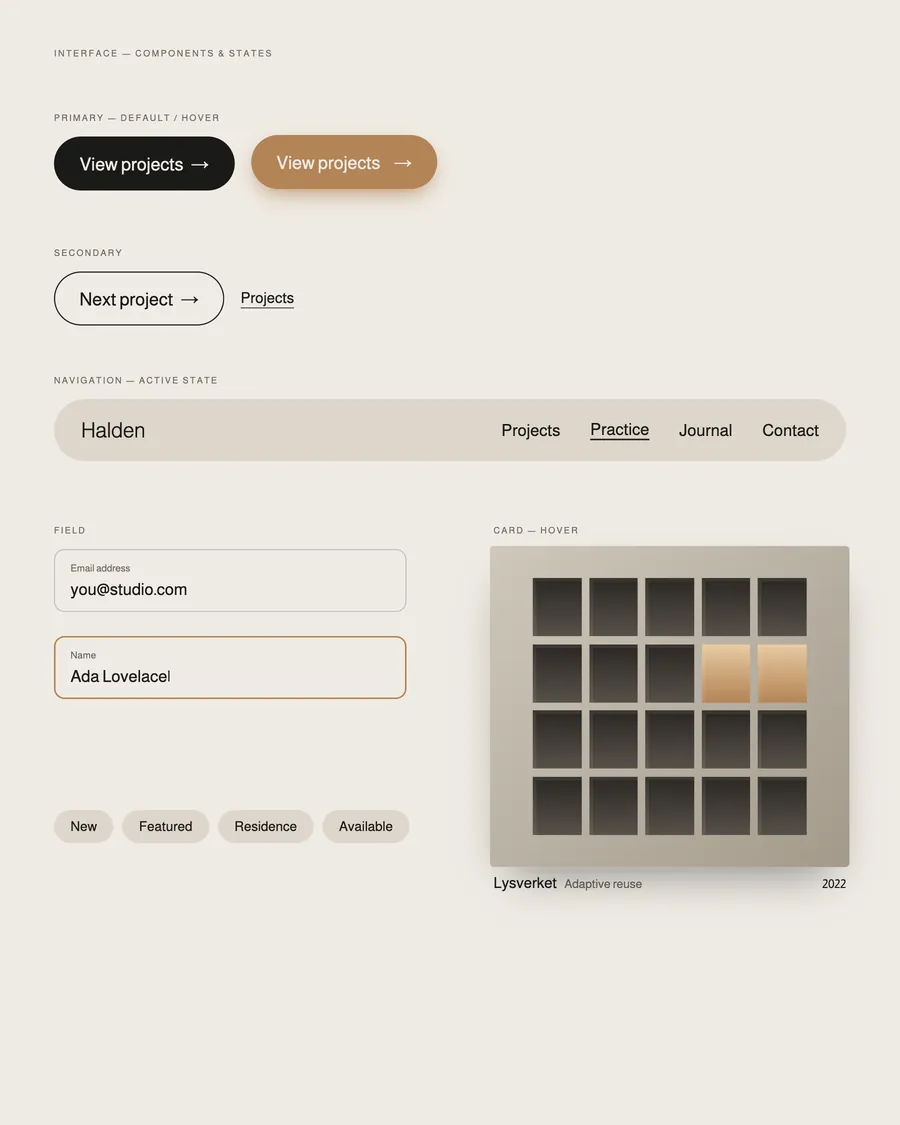 Halden interface components: buttons, navigation, fields and a project card in hover state.