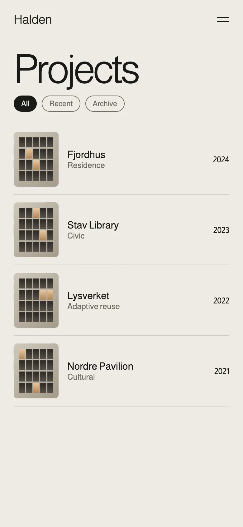 Halden project list on mobile.