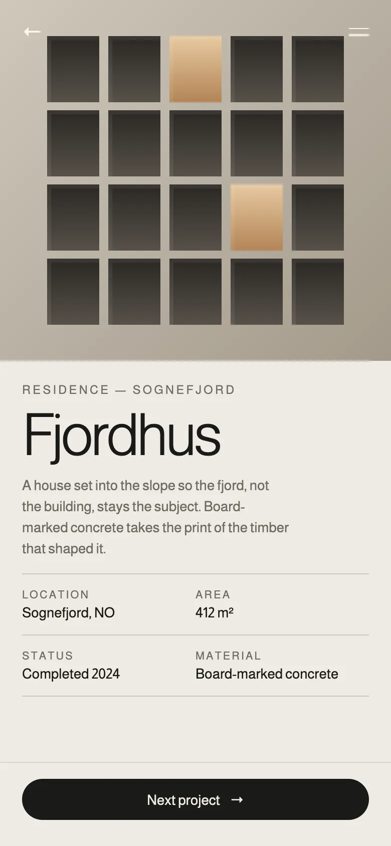 Fjordhus project page on mobile.