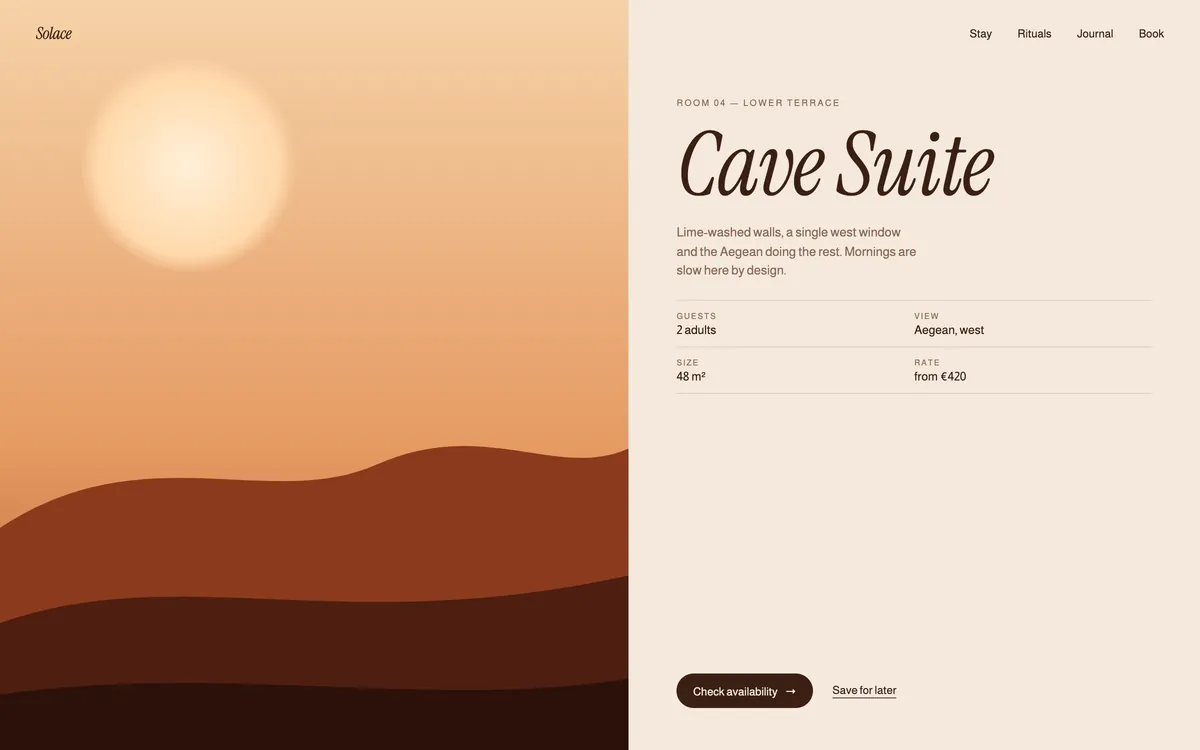 Cave Suite room page with booking details.