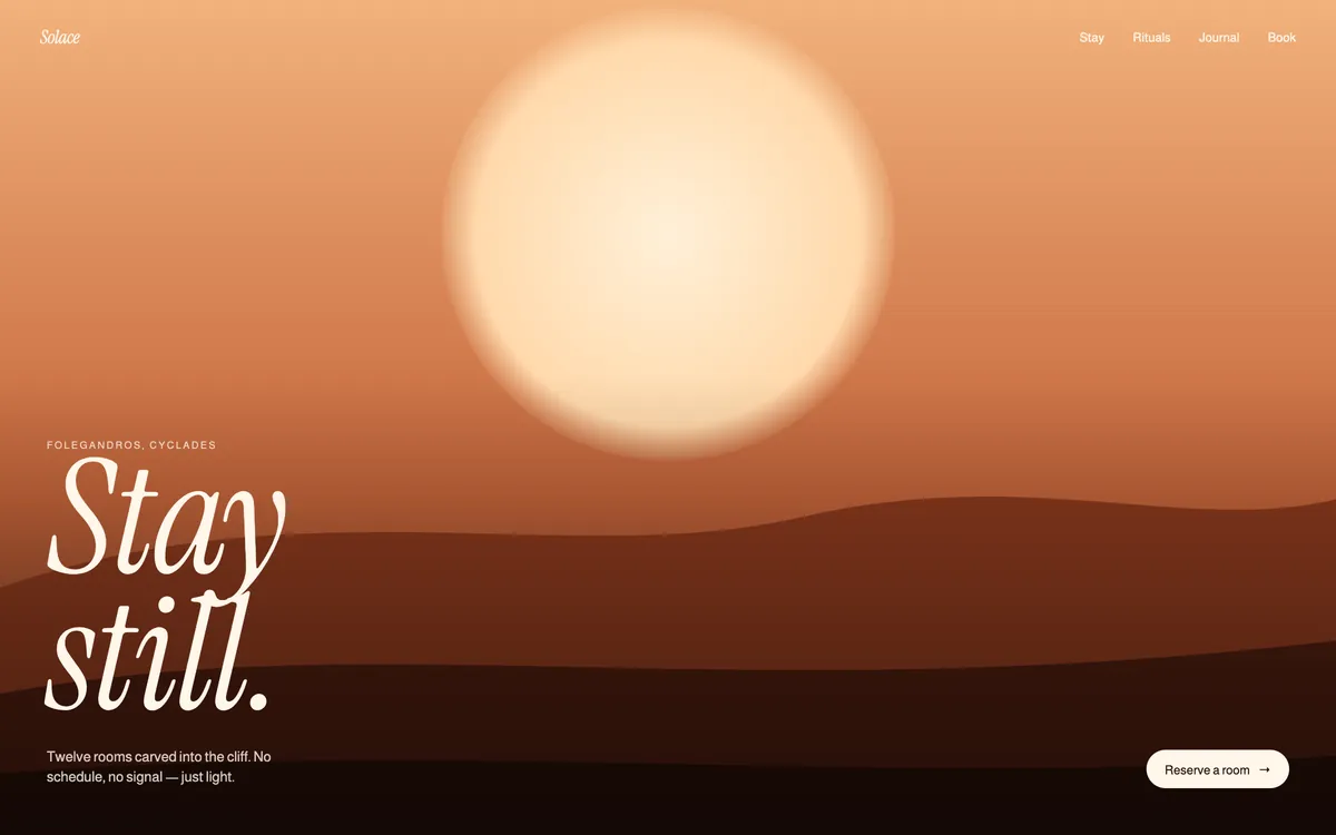 Solace homepage with a sunset and the headline Stay still.