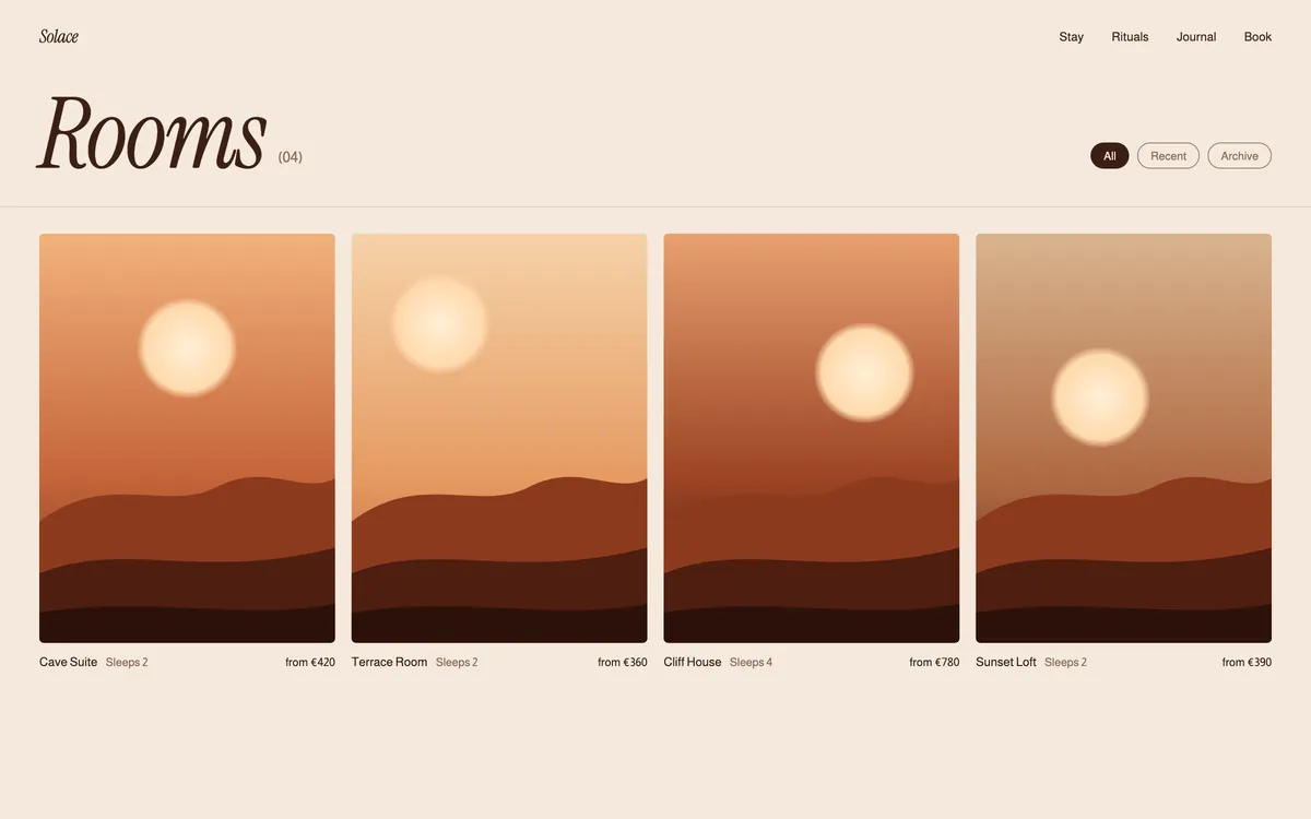 Solace rooms index with four sunset studies.