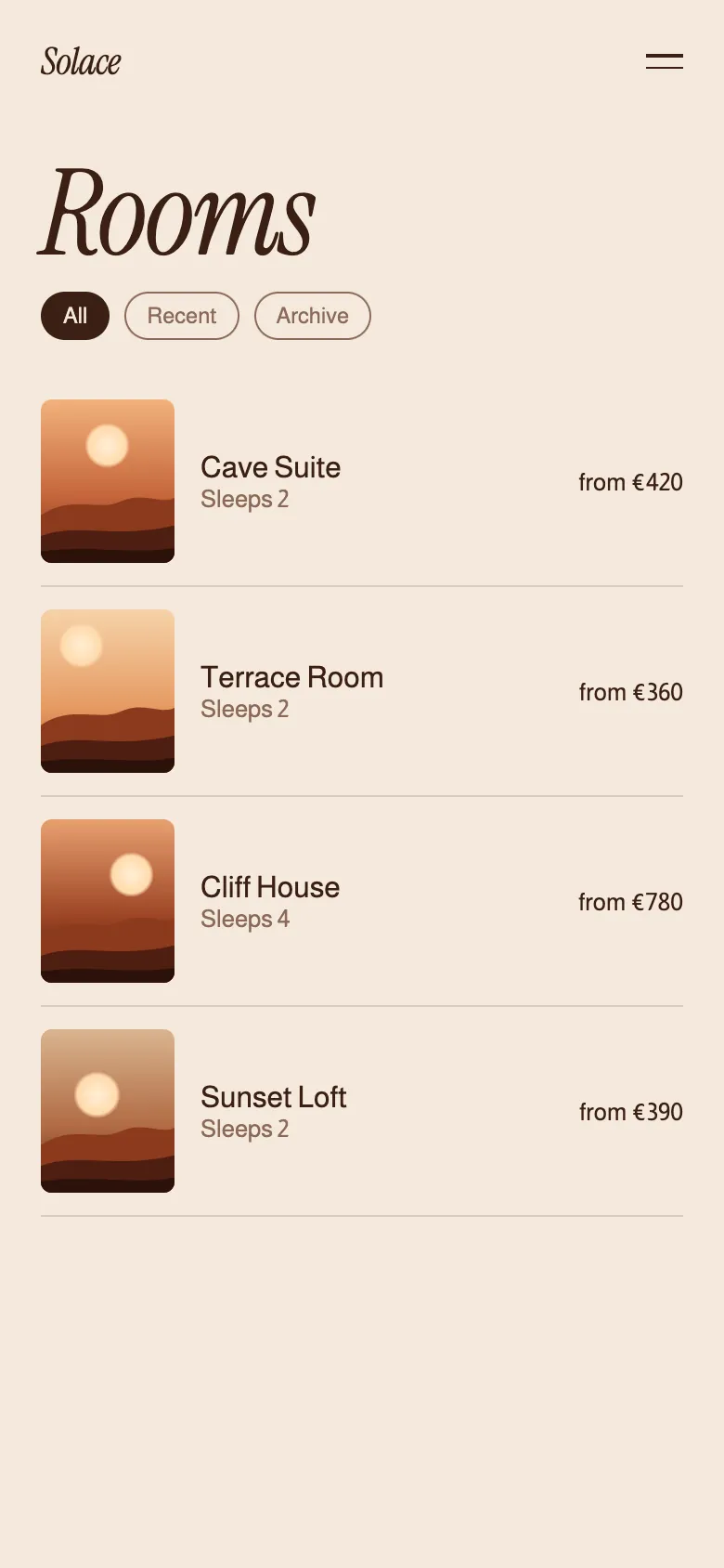Solace rooms list on mobile.