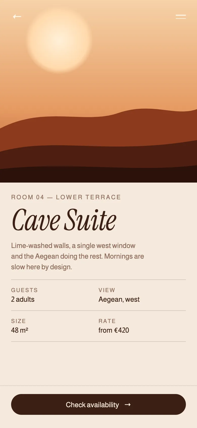 Cave Suite room page on mobile with a reservation button.