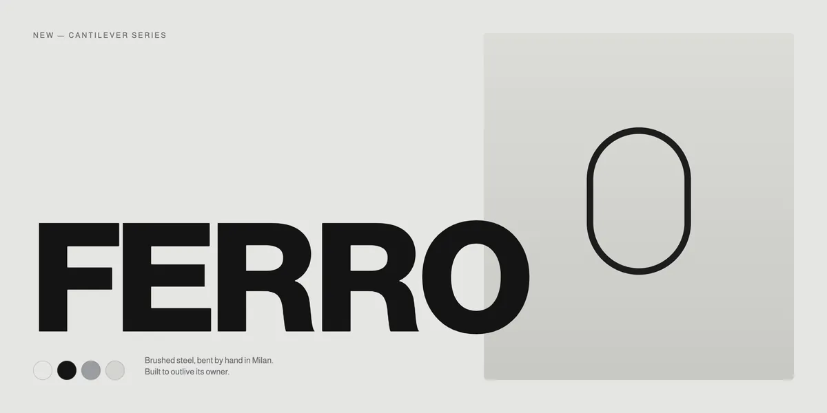 Ferro brand composition: a heavy FERRO wordmark beside a steel mirror outline.