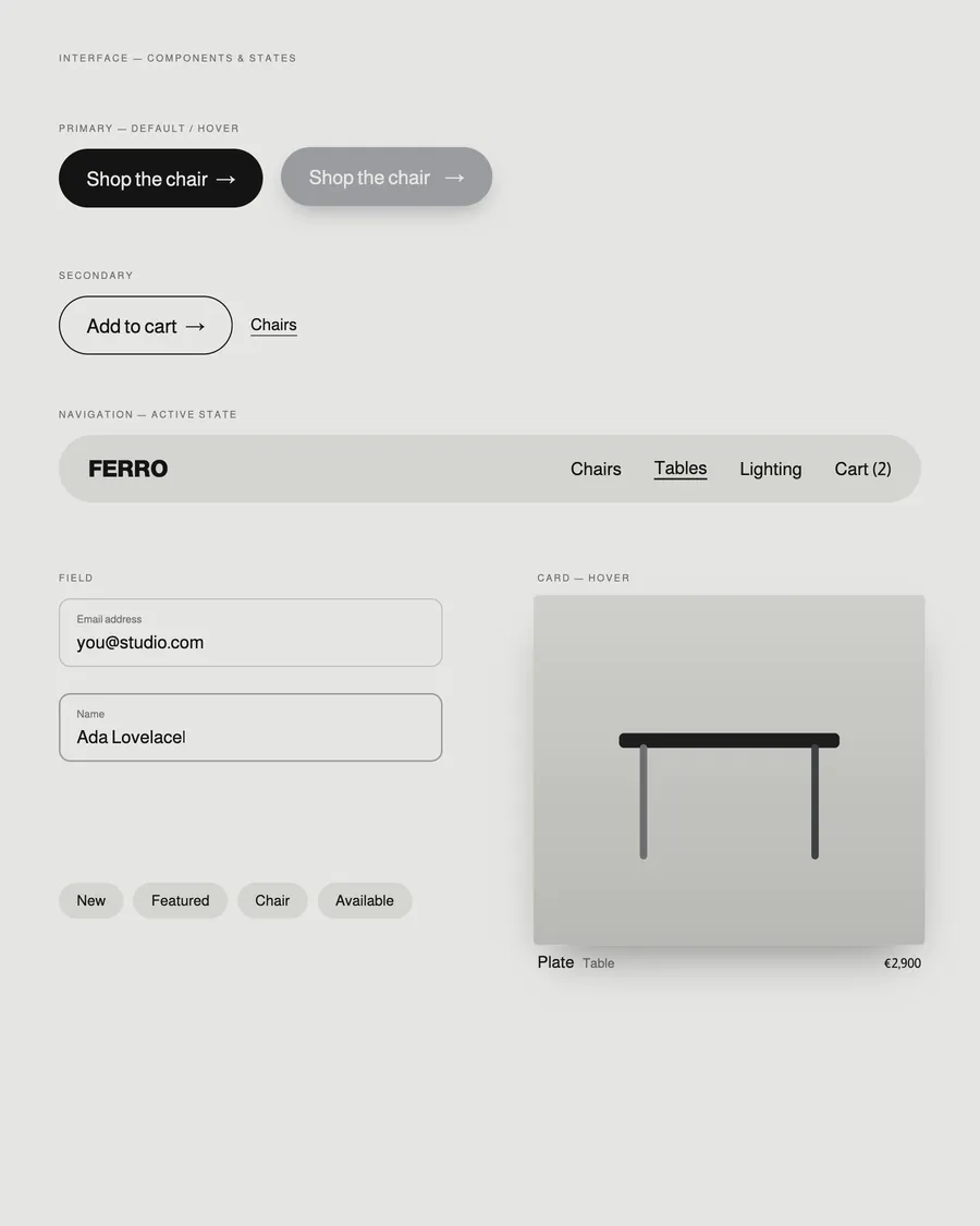 Ferro interface components: buttons, navigation, fields and a product card in hover state.