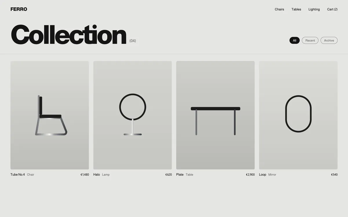 Ferro collection page with chair, lamp, table and mirror.