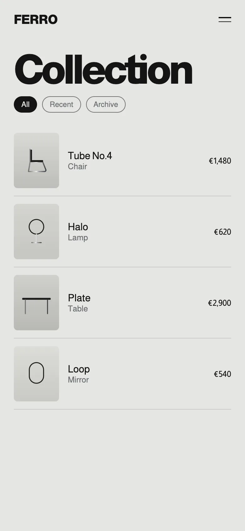 Ferro collection list on mobile.