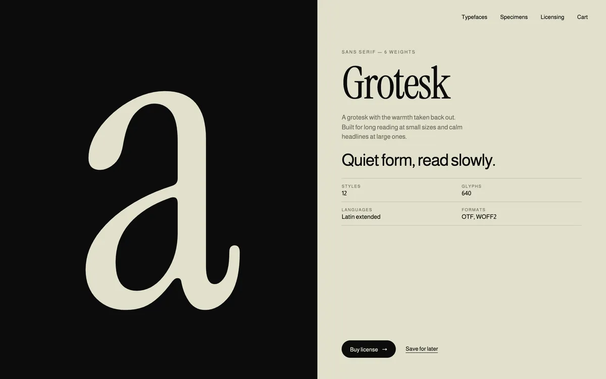 Grotesk typeface page with a type tester.