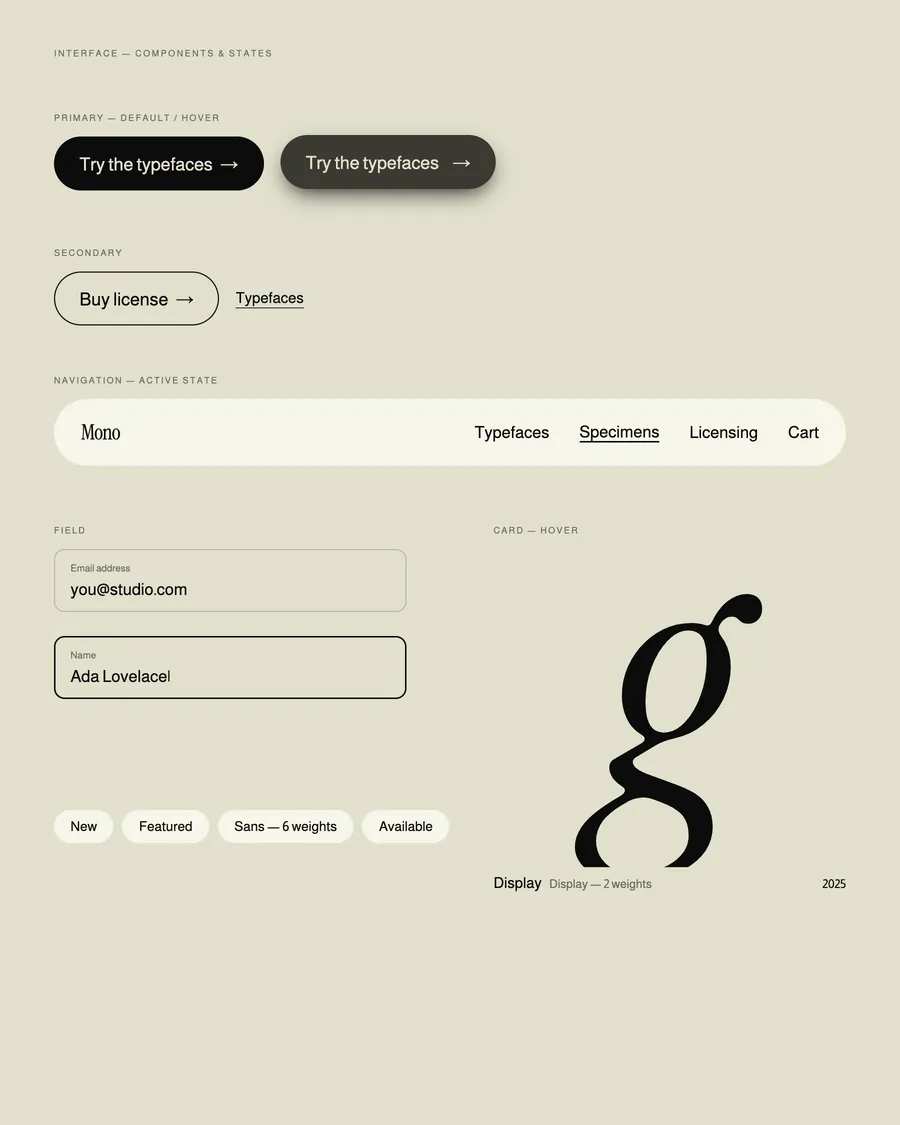 Mono interface components: buttons, navigation, fields and a typeface card in hover state.