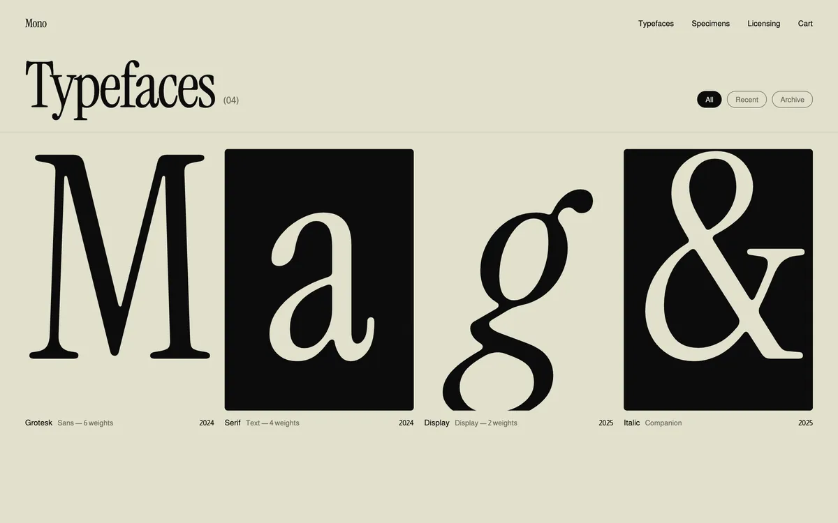 Mono typefaces index with four large glyphs.