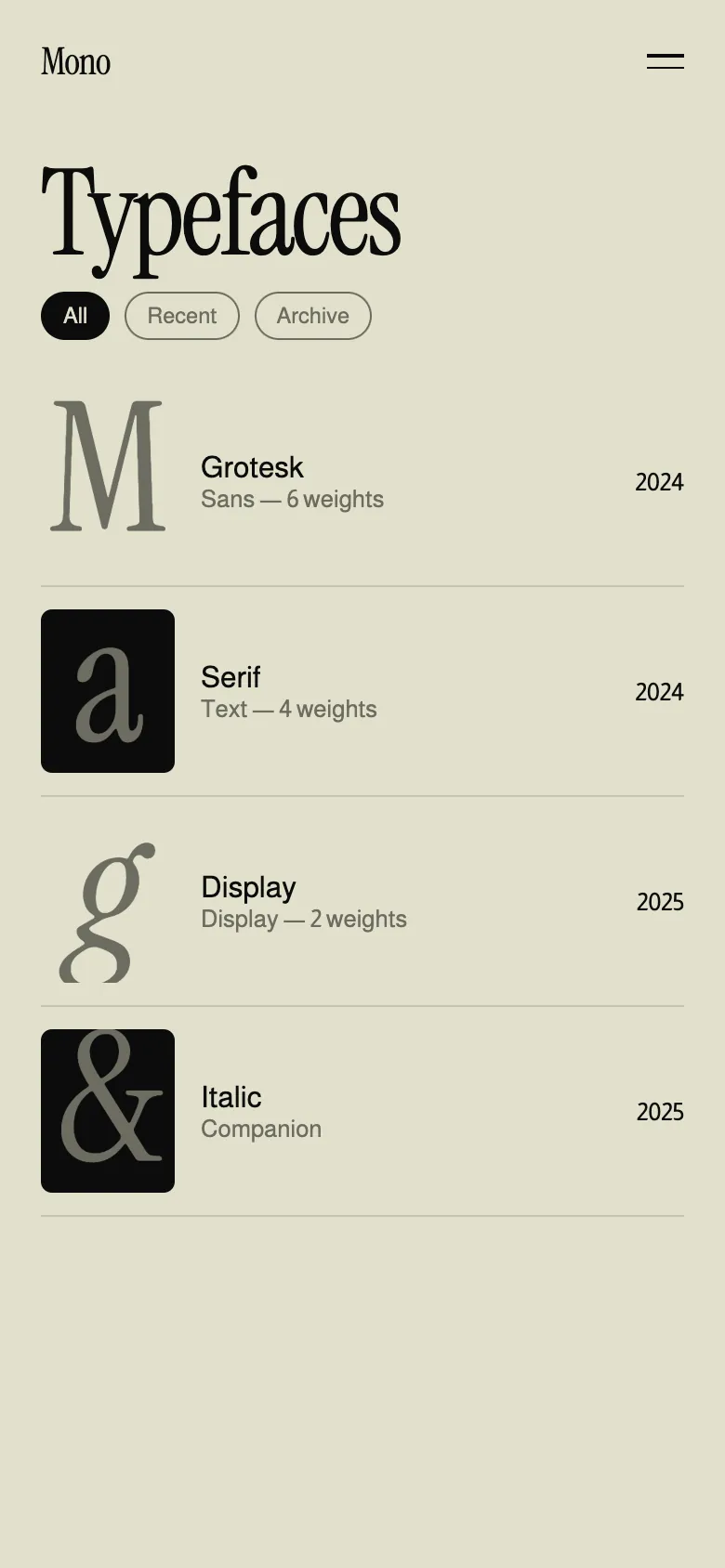 Mono typefaces list on mobile.