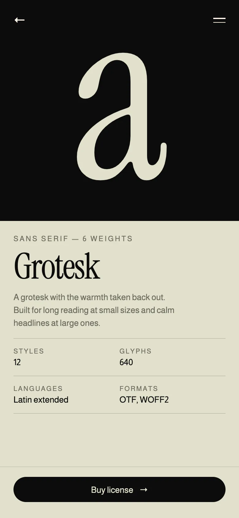 Grotesk typeface page on mobile.