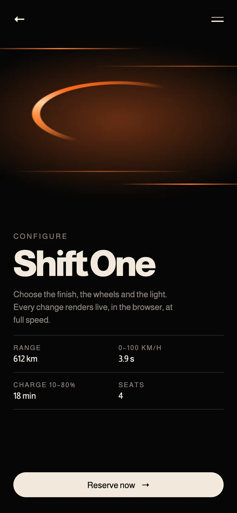 Shift One configurator on mobile.